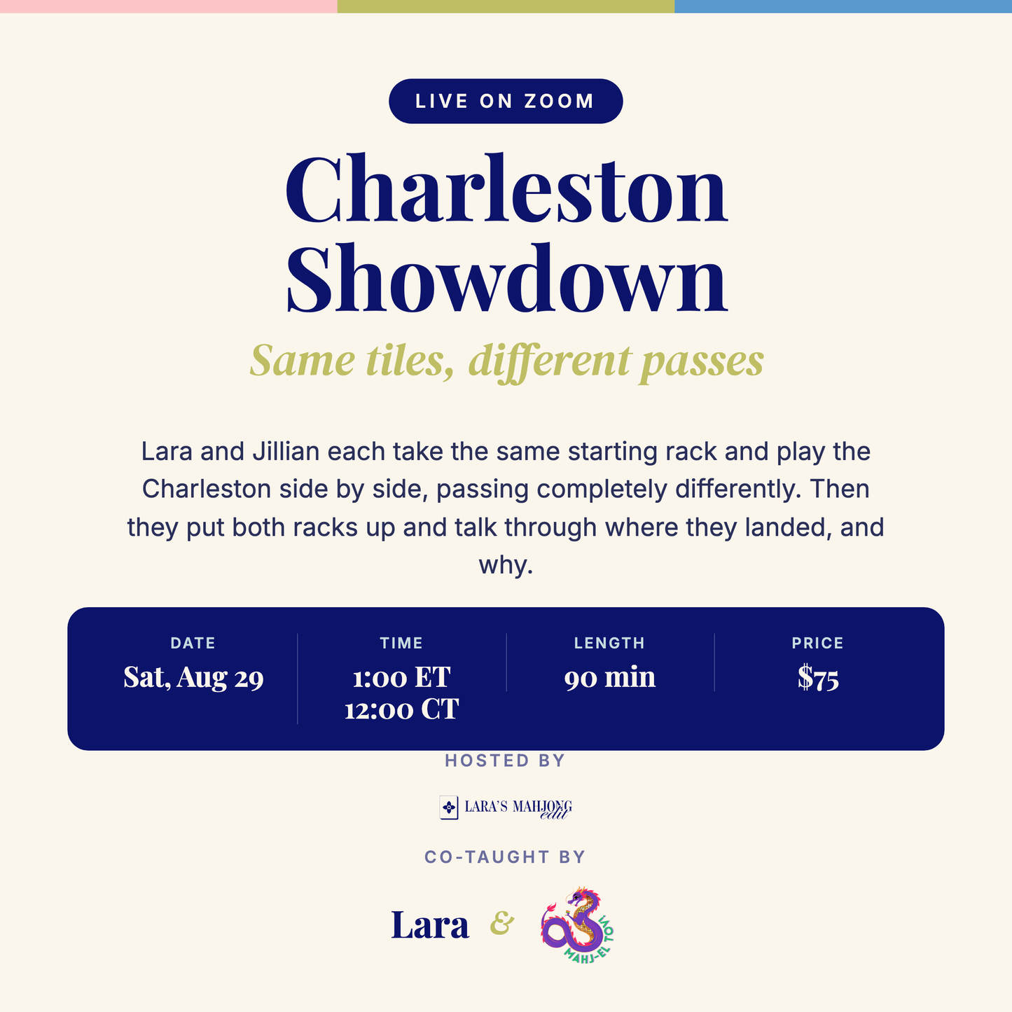 Charleston Showdown, a live 90-minute Zoom class with Lara and Jillian Krohne of Mahj-el Tov, Saturday August 29 at 1 pm ET