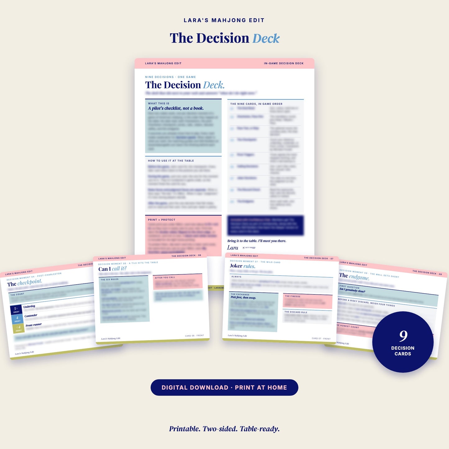 The Decision Deck: printable American mahjong strategy reference cards with cover