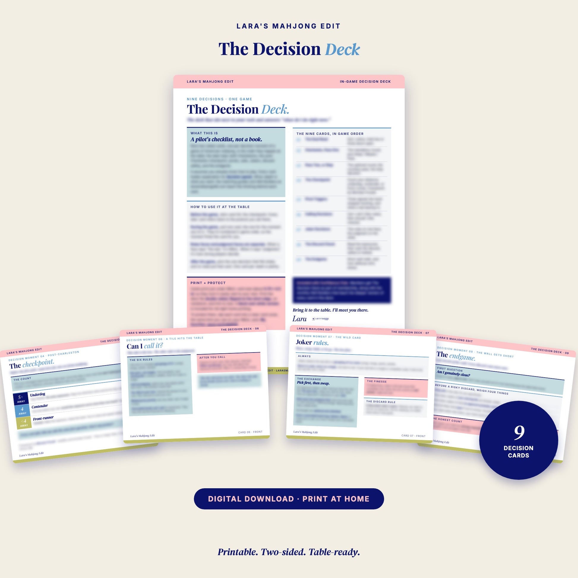 The Decision Deck: printable American mahjong strategy reference cards with cover