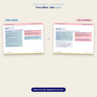 Every card is two-sided: rules on one side, judgment on the other