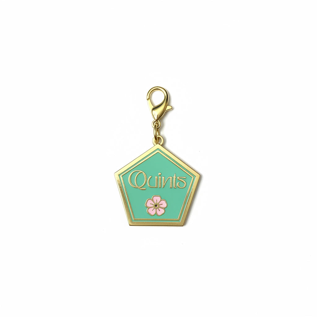 Gold cloisonne Quints mahjong charm keepsake, designed by SoloMahj