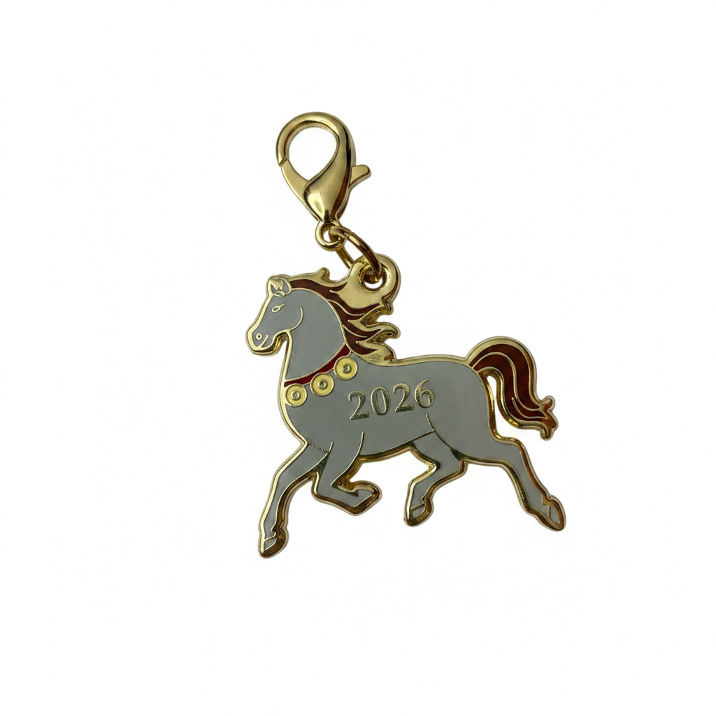Limited-edition gold cloisonne Year of the Horse 2026 mahjong charm keepsake, designed by SoloMahj