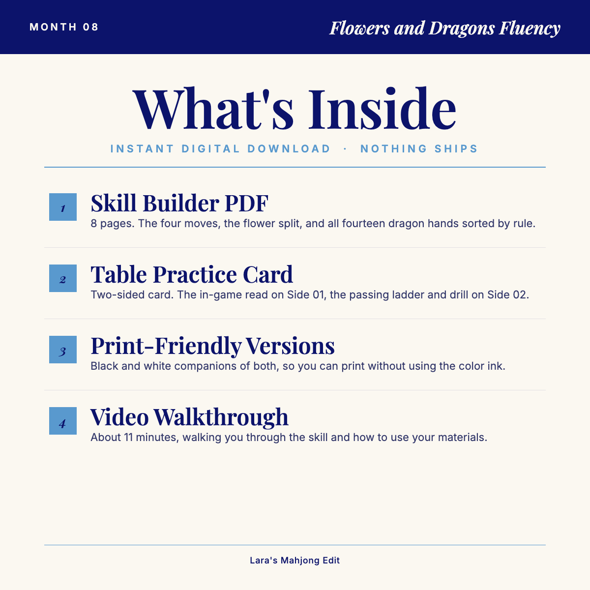 What's inside Month 8: Skill Builder PDF, Table Practice Card, print-friendly versions, video walkthrough