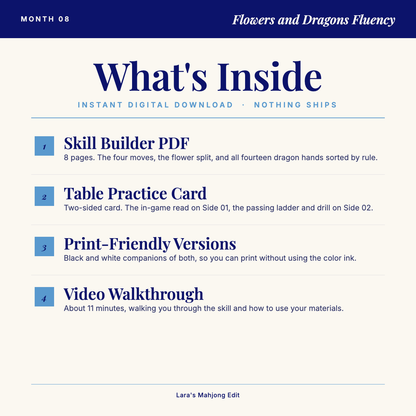 What's inside Month 8: Skill Builder PDF, Table Practice Card, print-friendly versions, video walkthrough