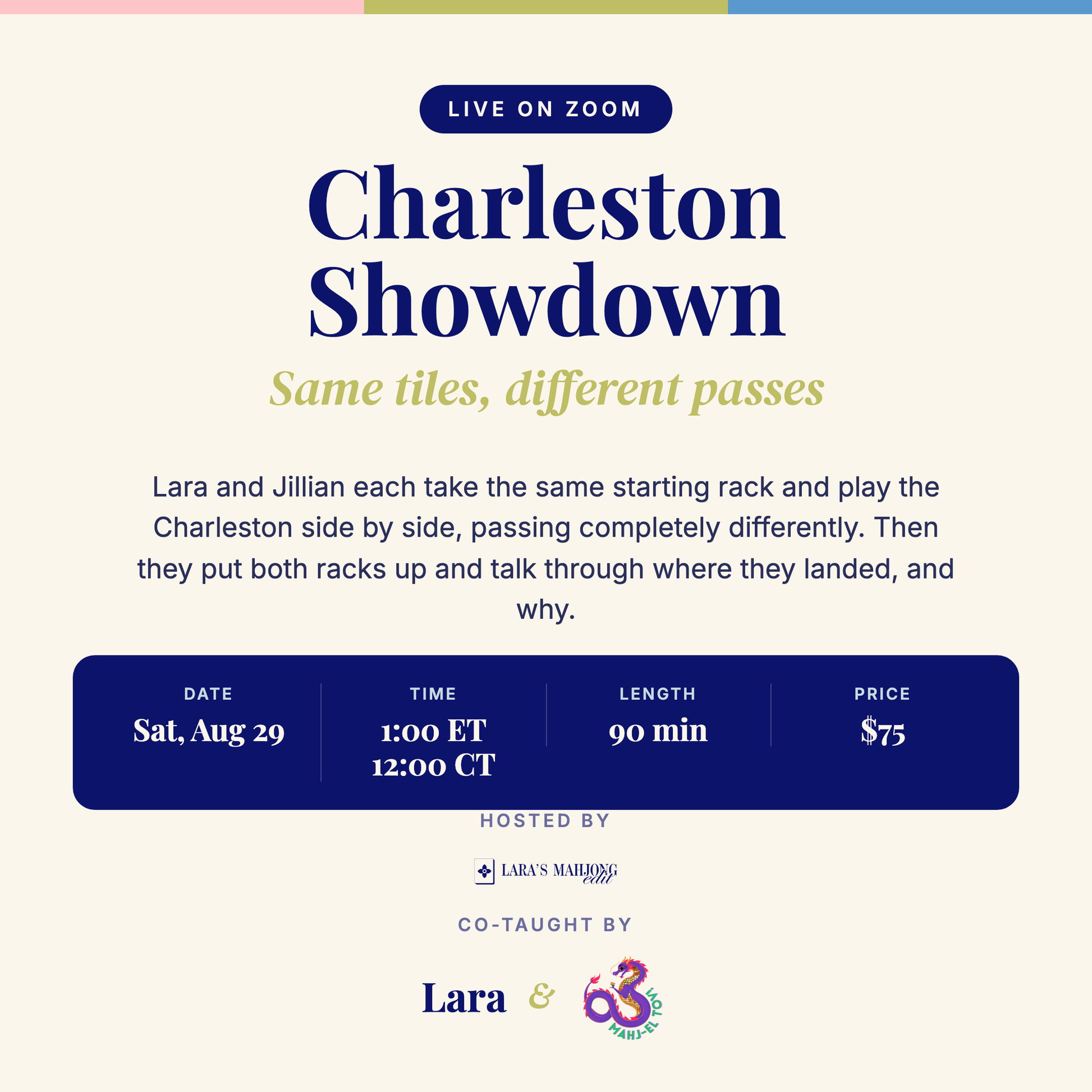 Charleston Showdown, a live 90-minute Zoom class with Lara and Jillian Krohne of Mahj-el Tov, Saturday August 29 at 1 pm ET