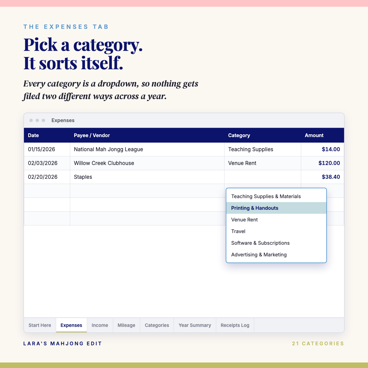 The Expenses tab with an open dropdown of expense categories built for a mahjong teaching business