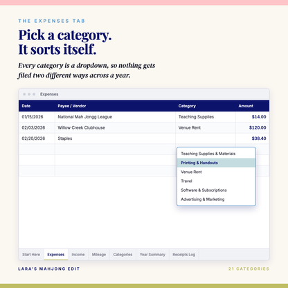 The Expenses tab with an open dropdown of expense categories built for a mahjong teaching business