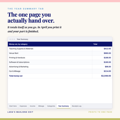 The Year Summary tab totalling expenses by category on a single printable page for a tax preparer