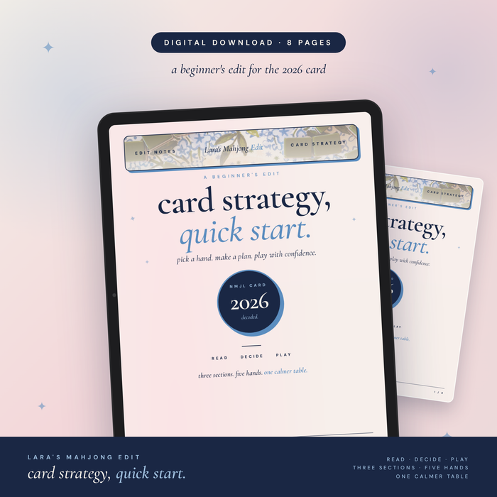 Card Strategy Quick Start guide on a tablet, an 8-page digital PDF for reading the 2026 mahjong card