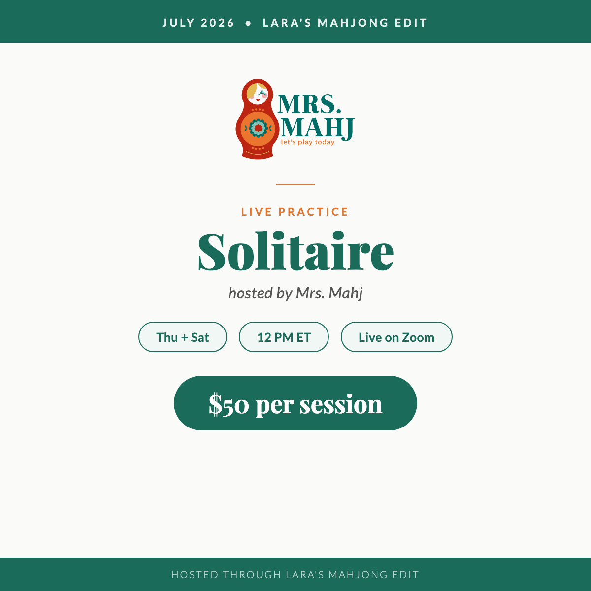 Mrs. Mahj Solitaire practice, Thu and Sat 12 PM ET
