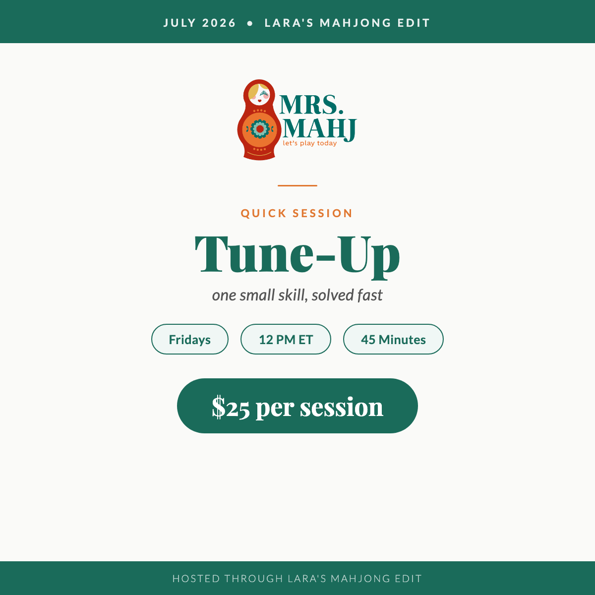 Mrs. Mahj Tune-Up, Fridays 12 PM ET
