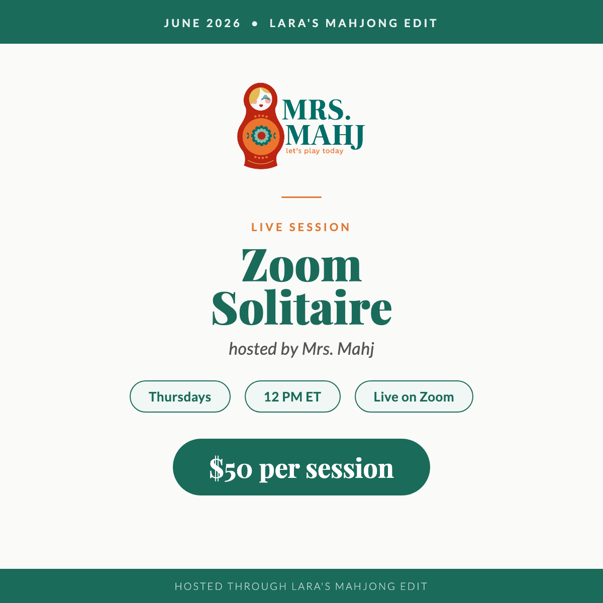 Zoom Solitaire with Mrs. Mahj — Thursdays at 12 PM ET